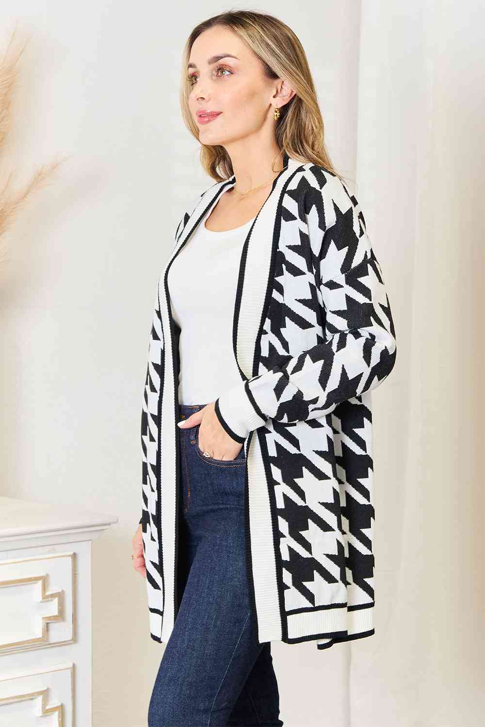 Woven Right Houndstooth Open Front Longline Cardigan BLUE ZONE PLANET