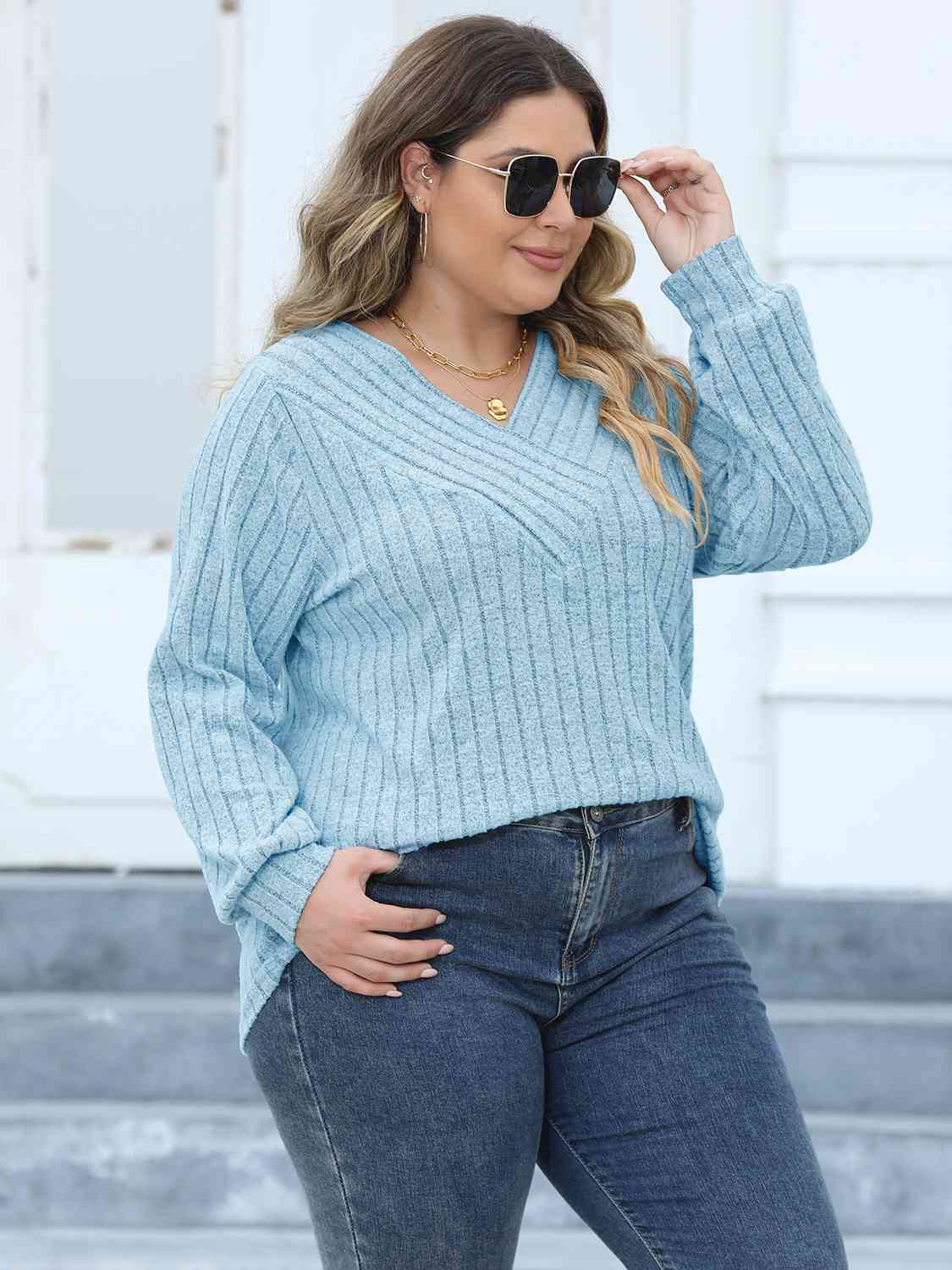 Plus Size Ribbed V-Neck Long Sleeve Top BLUE ZONE PLANET