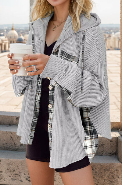Plaid Waffle-Knit Drawstring Hooded Jacket-TOPS / DRESSES-[Adult]-[Female]-Heather Gray-S-2022 Online Blue Zone Planet