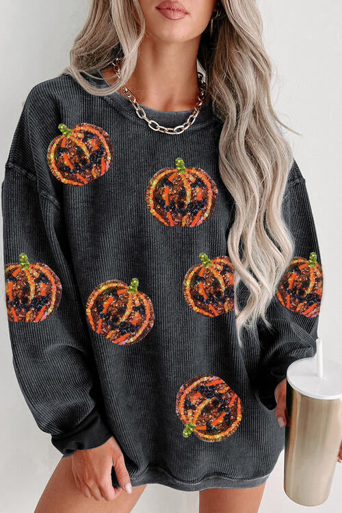 Sequin Patch Pumpkin Round Neck Sweatshirt BLUE ZONE PLANET