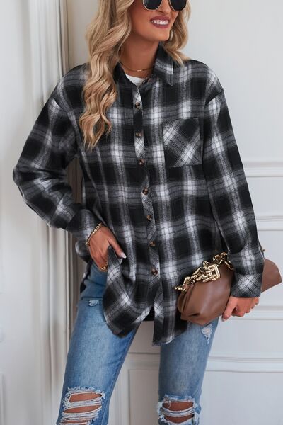 Plaid Button Up Dropped Shoulder Outerwear BLUE ZONE PLANET