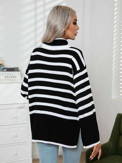 Striped Slit Turtleneck Drop Shoulder Sweater BLUE ZONE PLANET