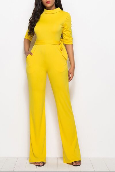 Mock Neck Tie-Waist Half Sleeve Jumpsuit Trendsi