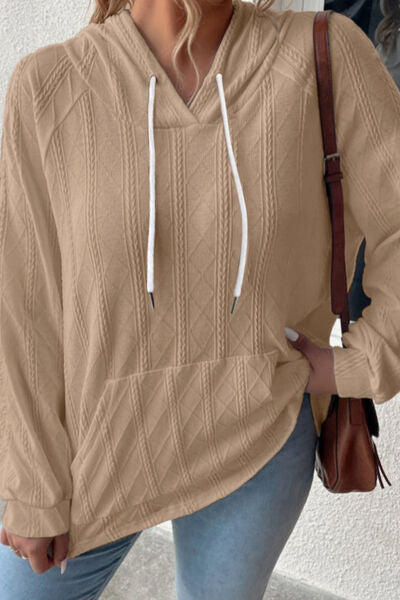 Textured Drawstring Kangaroo Pocket Hoodie Trendsi