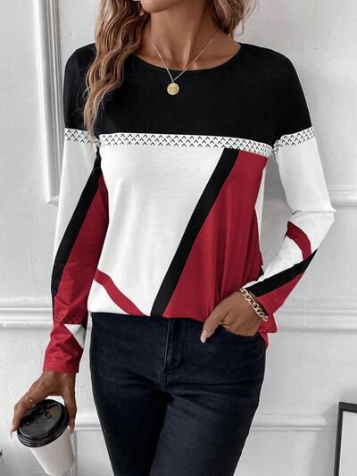 Contrast Round Neck Long Sleeve T-Shirt Trendsi