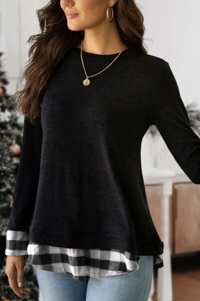 Plaid Round Neck Long Sleeve T-Shirt Trendsi