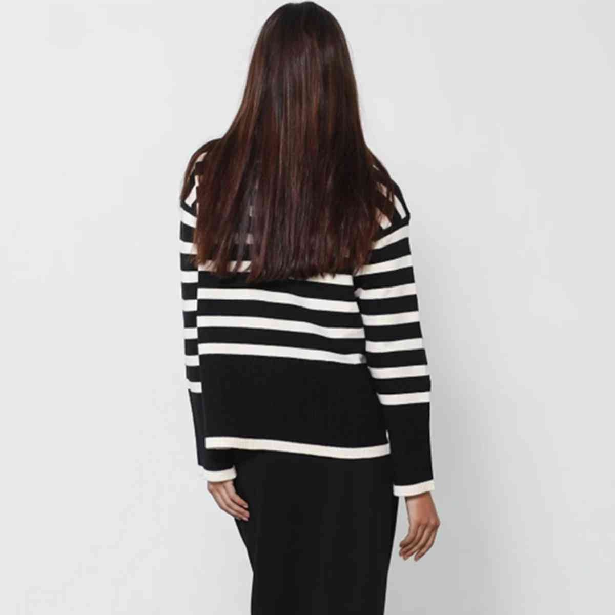 Striped Turtleneck Flare Sleeve Sweater BLUE ZONE PLANET