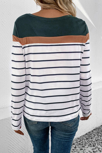 Blue Zone Planet |  Striped Round Neck Long Sleeve T-Shirt BLUE ZONE PLANET