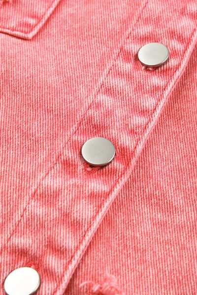 Distressed Button Up Raw Hem Denim Jacket BLUE ZONE PLANET