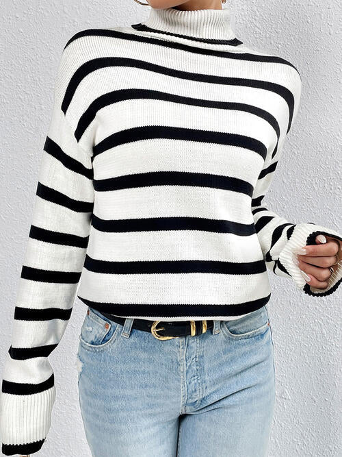 Striped Turtleneck Long Sleeve Sweater BLUE ZONE PLANET