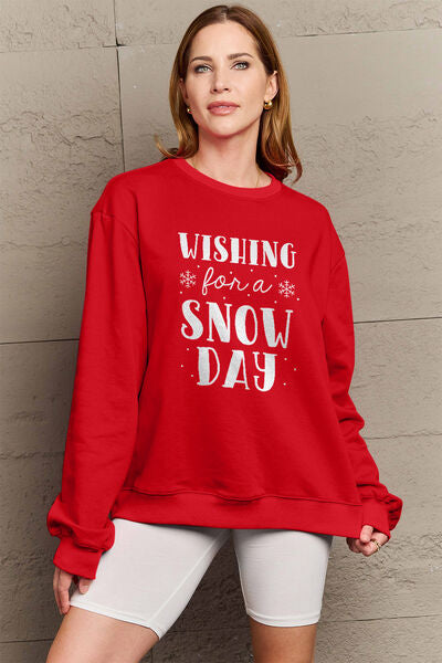 Simply Love Full Size WISHING FOR A SNOW DAY Round Neck Sweatshirt-TOPS / DRESSES-[Adult]-[Female]-Wine-S-2022 Online Blue Zone Planet
