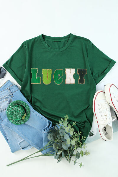 LUCKY Round Neck Short Sleeve T-Shirt Trendsi