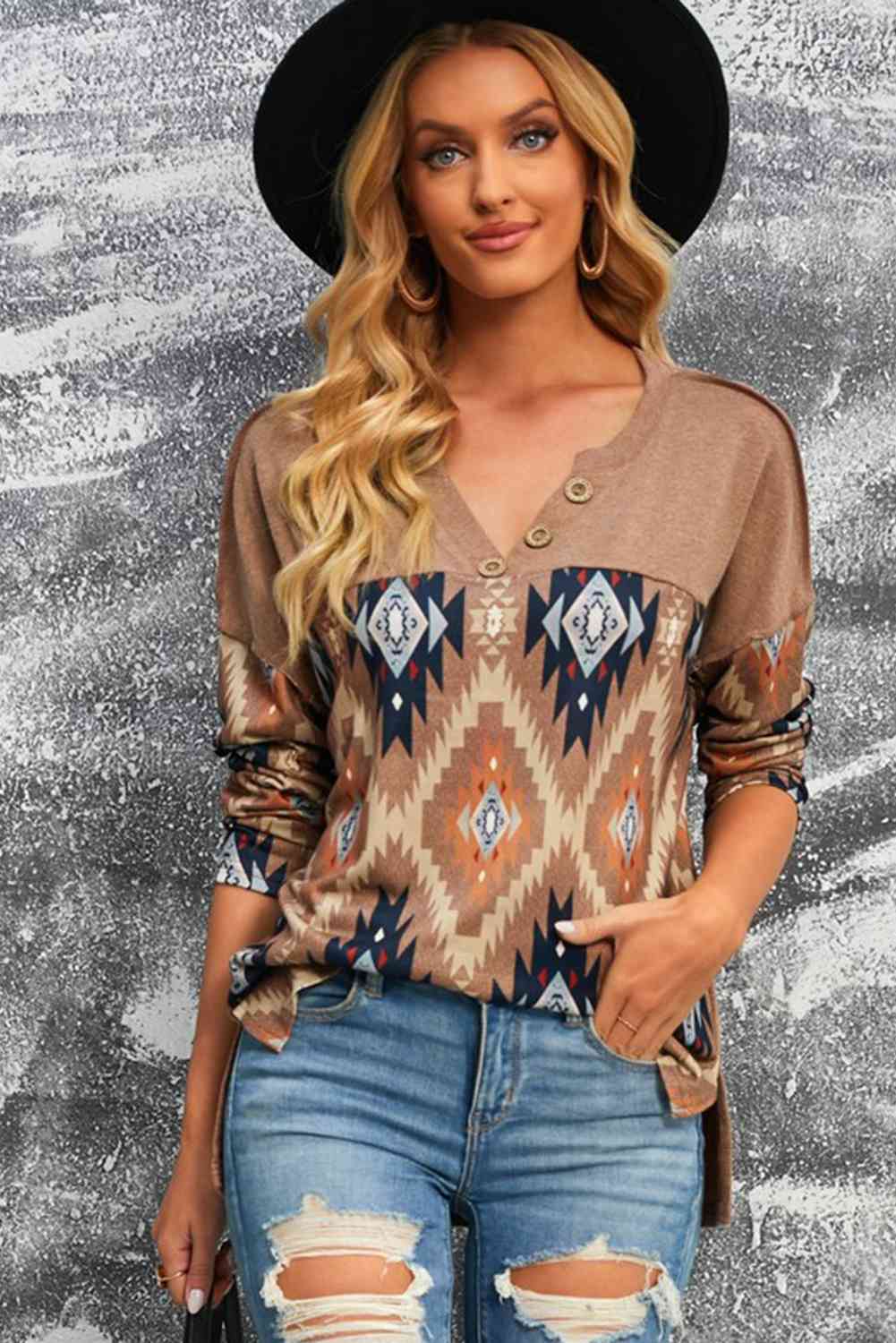 Brown Western Print Buttoned V Neck Top BLUE ZONE PLANET