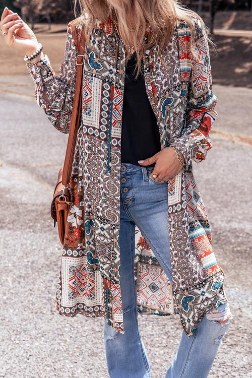 Printed Open Front Collared Neck Cardigan BLUE ZONE PLANET