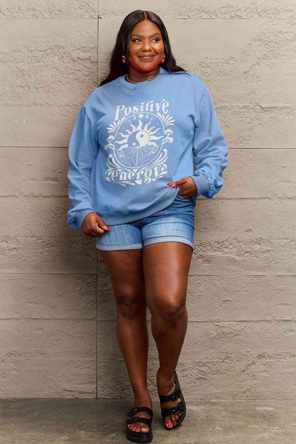 Simply Love Full Size POSITIVE ENERGY Graphic Sweatshirt BLUE ZONE PLANET