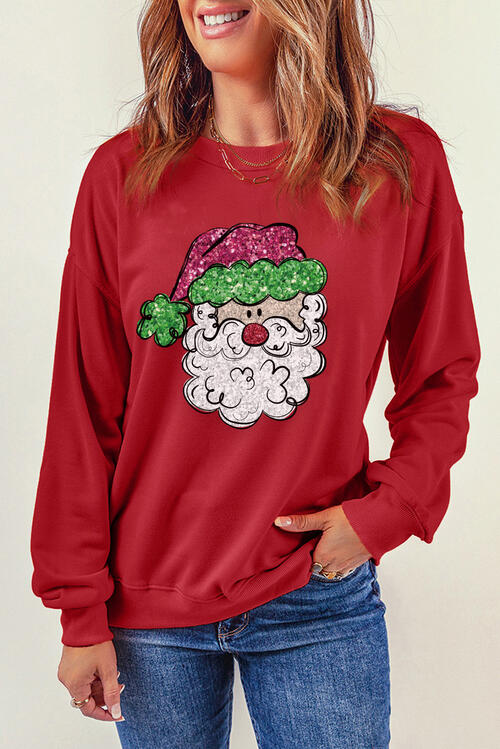 Santa Graphic Round Neck Long Sleeve Sweatshirt BLUE ZONE PLANET