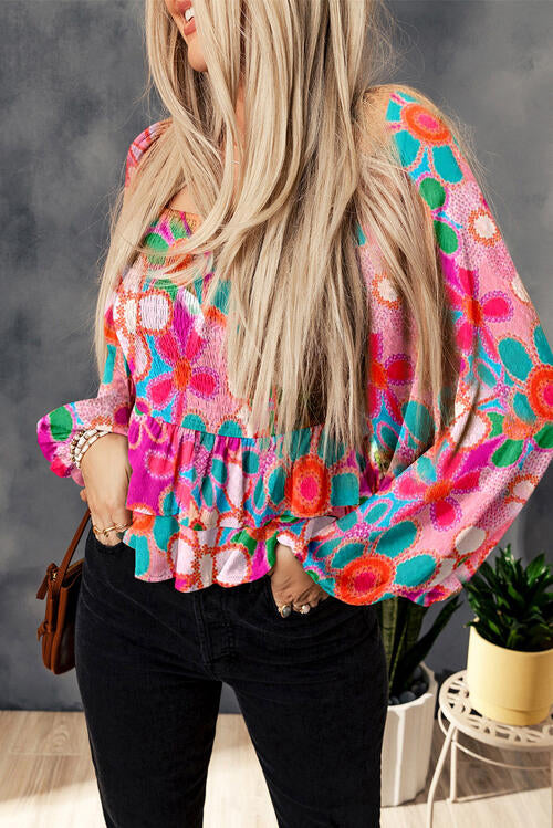 Floral Smocked Ruffled Balloon Sleeve Blouse BLUE ZONE PLANET