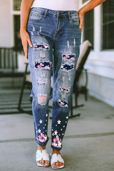 Flower Distressed Jeans with Pockets BLUE ZONE PLANET