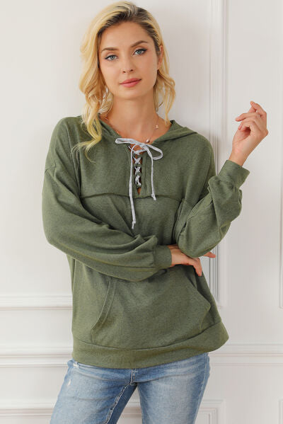 Lace-Up Exposed Seam Hoodie with Pocket-TOPS / DRESSES-[Adult]-[Female]-Sage-S-2022 Online Blue Zone Planet