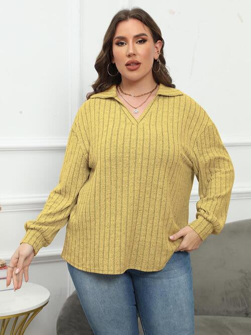 Plus Size Ribbed Collared Neck Long Sleeve Blouse BLUE ZONE PLANET