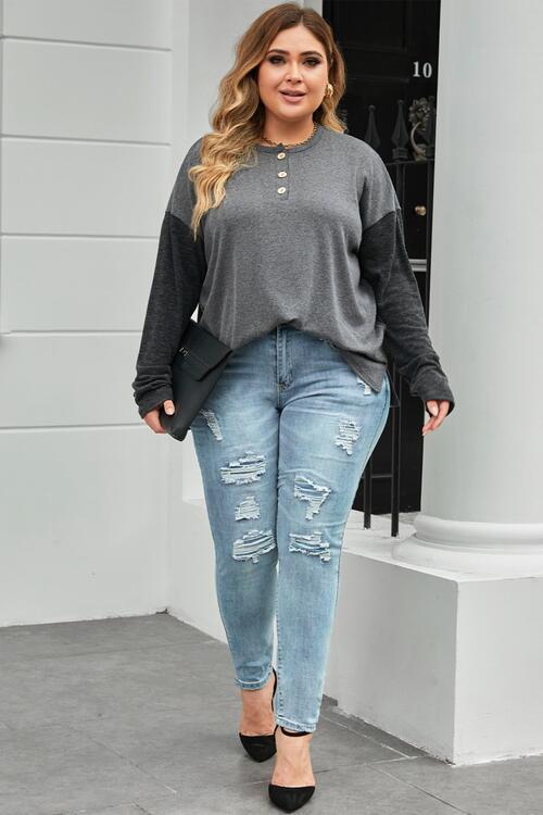 Plus Size Round Neck Long Sleeve Buttoned Blouse BLUE ZONE PLANET
