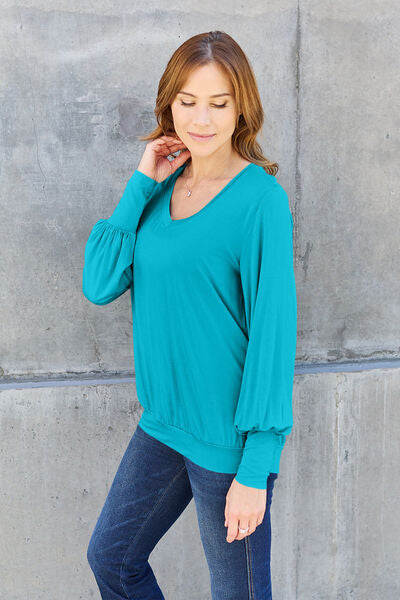 Blue Zone Planet |  Basic Bae Full Size V-Neck Lantern Sleeve Blouse BLUE ZONE PLANET