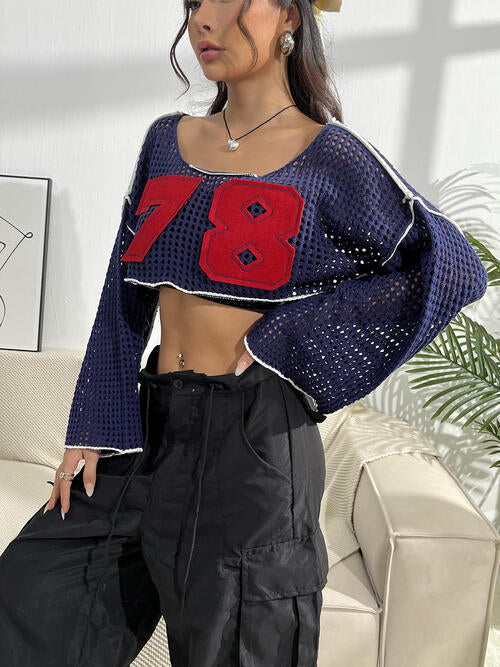 Contrast Patches Long Sleeve Cropped Knit Top BLUE ZONE PLANET