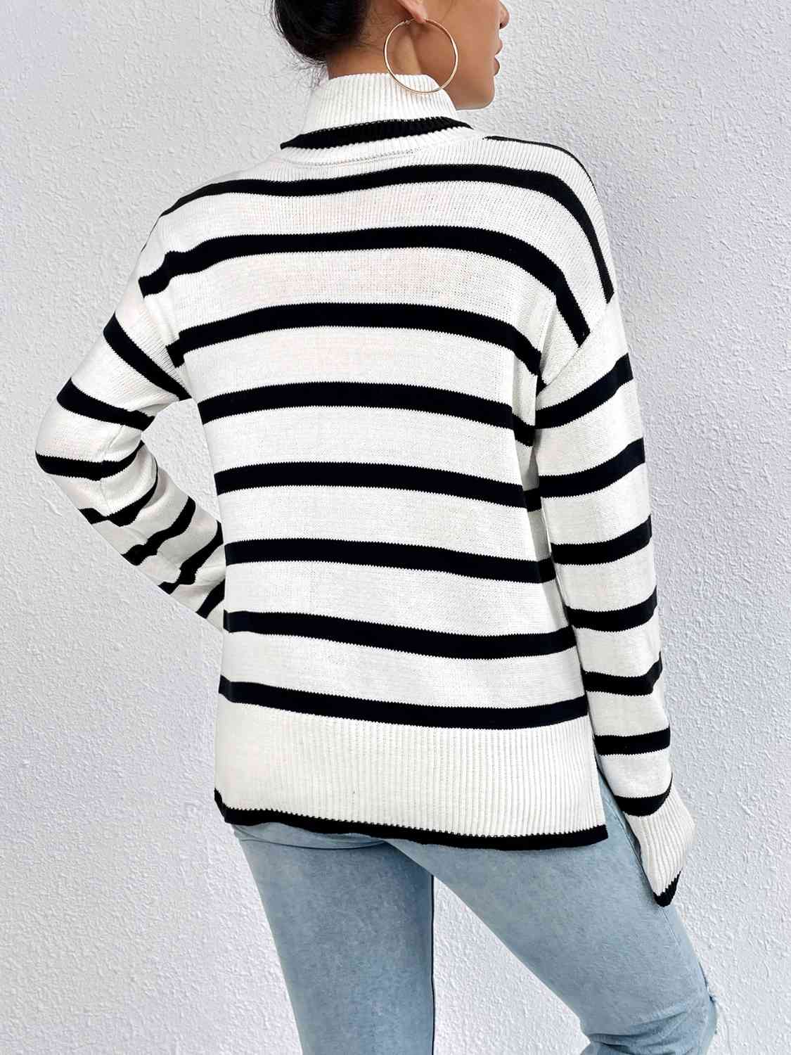 Striped Turtleneck Drop Shoulder Sweater BLUE ZONE PLANET