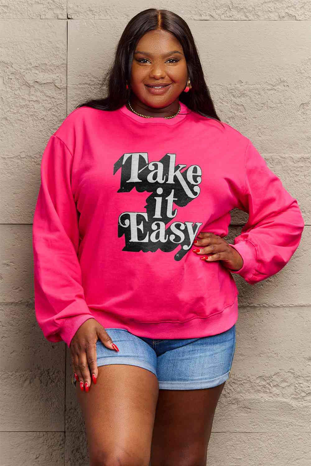 Simply Love Full Size TAKE IT EASY Graphic Sweatshirt BLUE ZONE PLANET