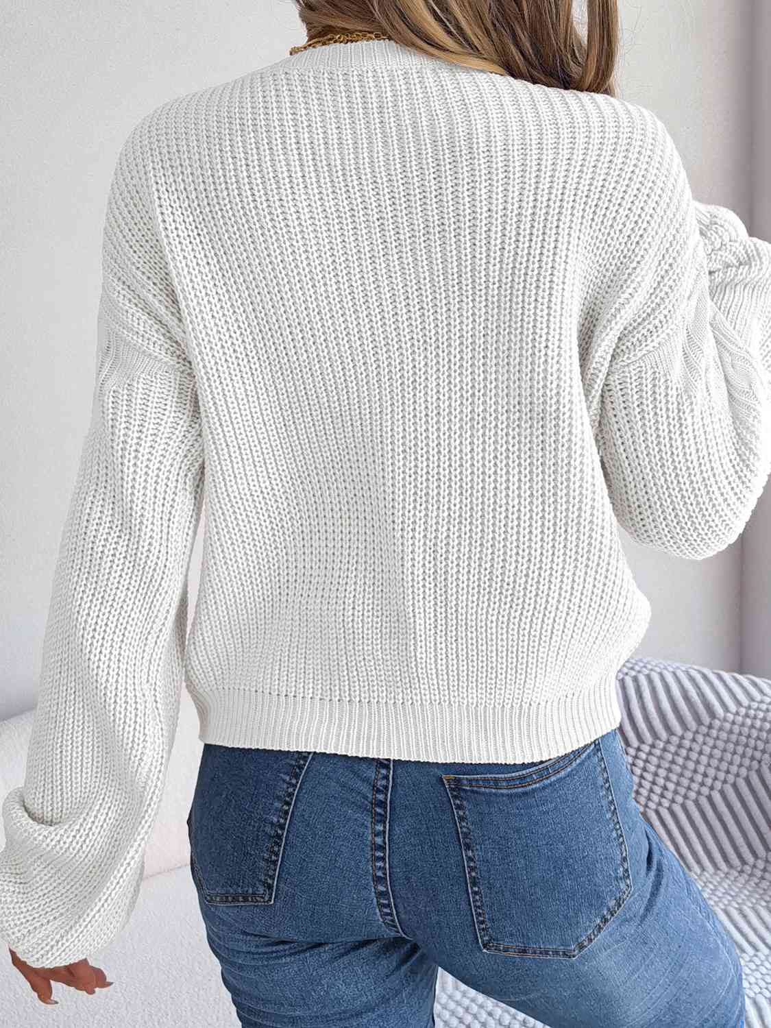 Cable-Knit Round Neck Drop Shoulder Sweater BLUE ZONE PLANET