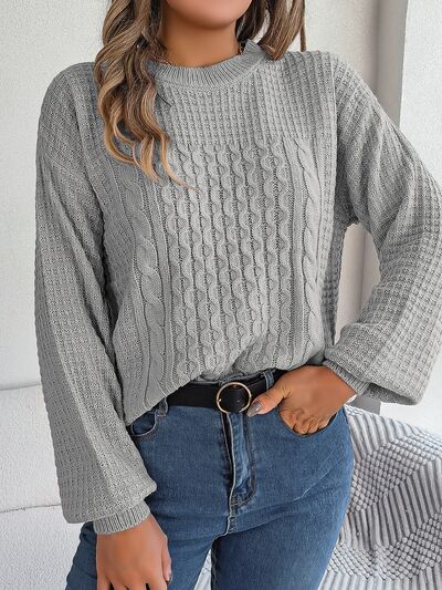 Blue Zone Planet |  Cable-Knit Round Neck Long Sleeve Sweater BLUE ZONE PLANET