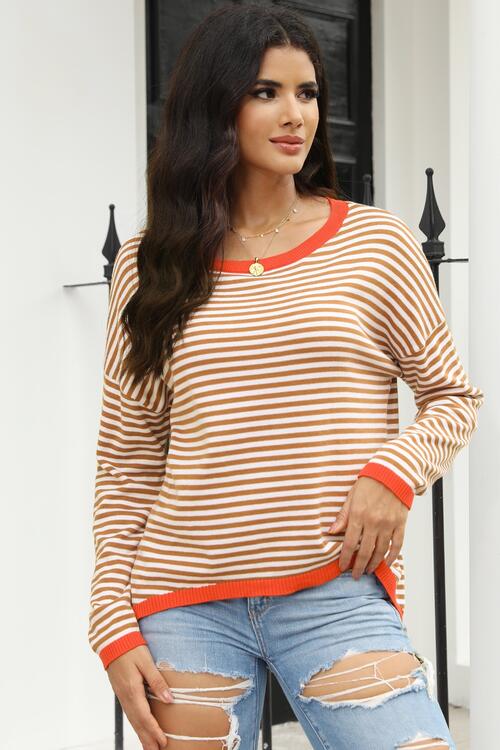 Striped Round Neck Drop Shoulder T-Shirt BLUE ZONE PLANET