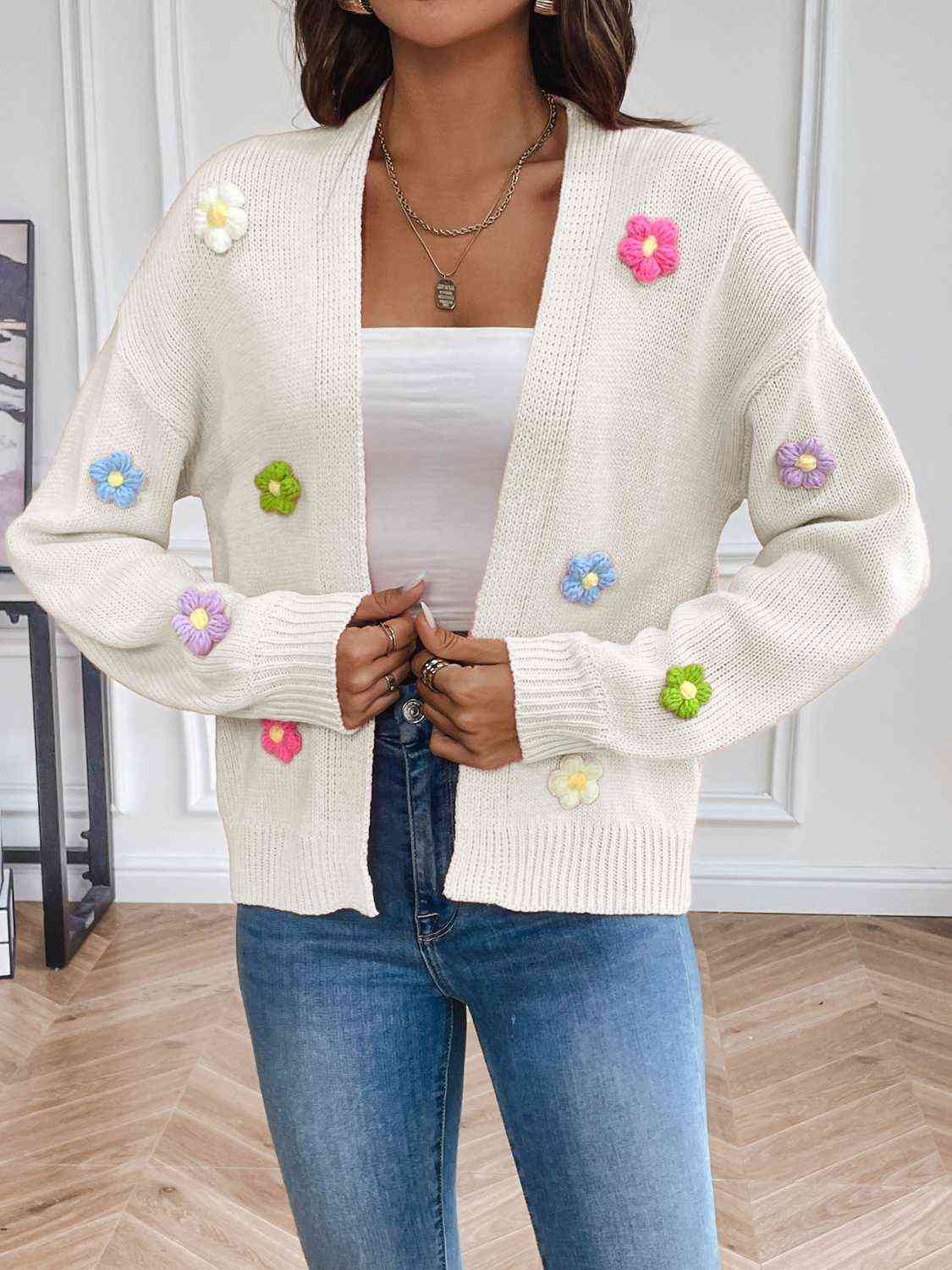 Floral Long Sleeve Open Front Cardigan BLUE ZONE PLANET