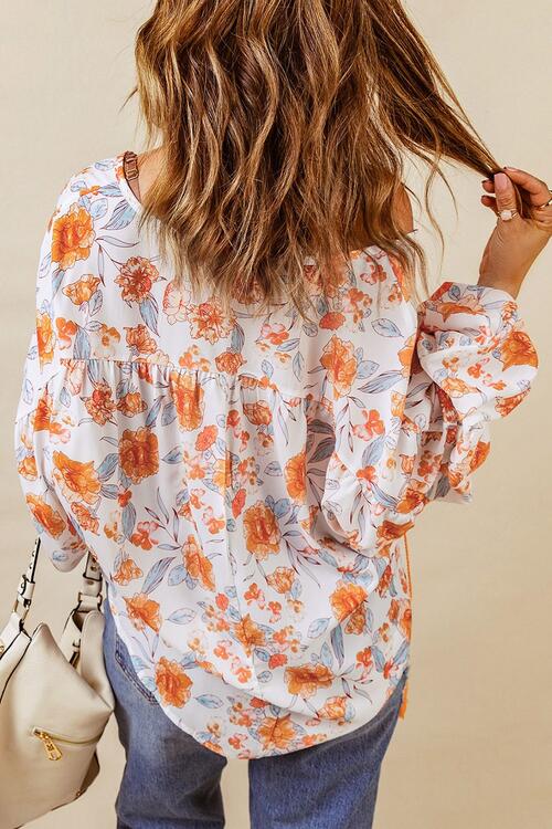 Floral Tie Neck Balloon Sleeve Blouse BLUE ZONE PLANET