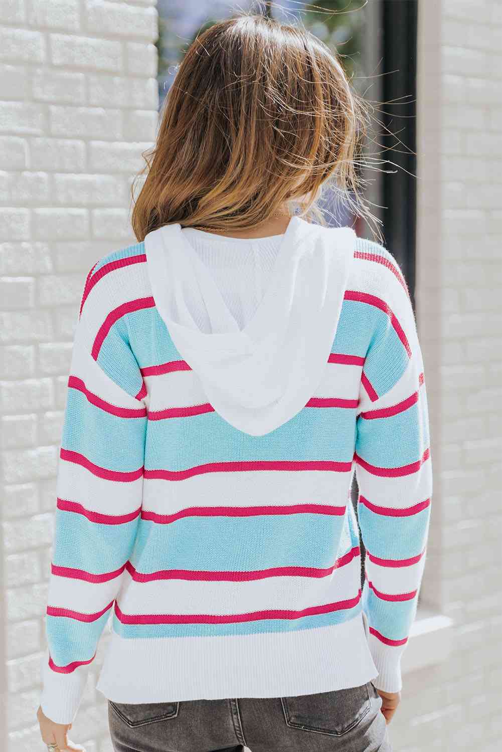 Striped Drawstring Hooded Sweater BLUE ZONE PLANET