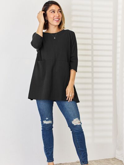 Pocketed Round Neck Half Sleeve Blouse BLUE ZONE PLANET