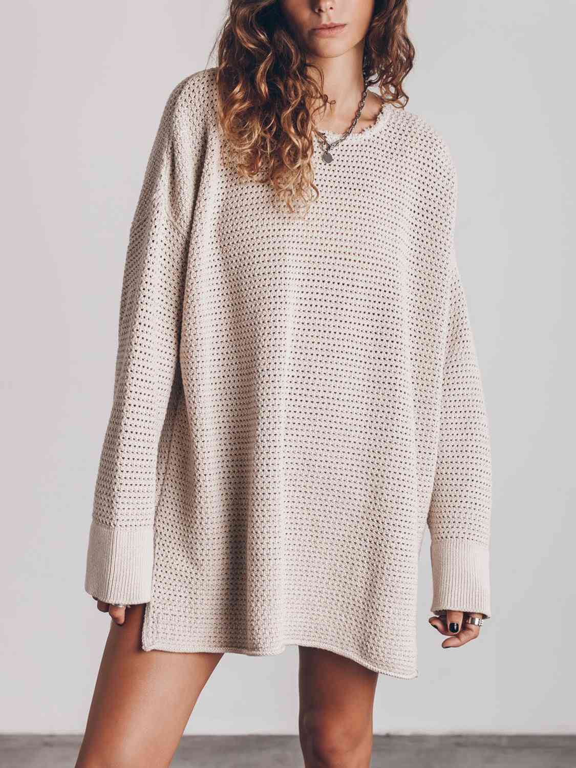 Openwork Round Neck Long Sleeve Slit Sweater BLUE ZONE PLANET