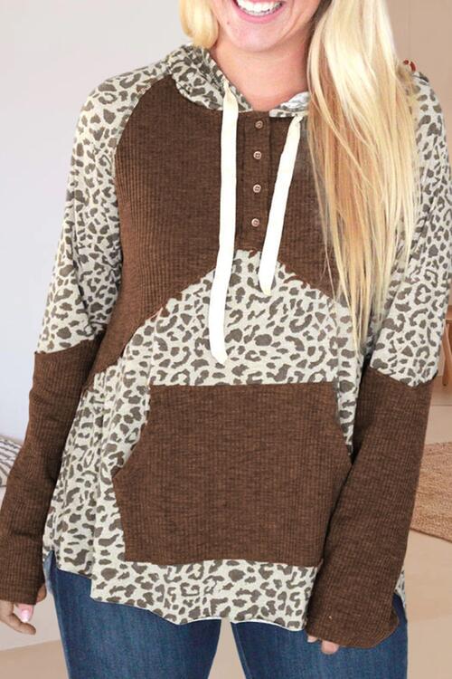 Drawstring Leopard Long Sleeve Hoodie BLUE ZONE PLANET