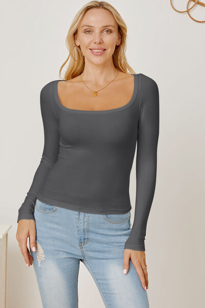 Square Neck Long Sleeve T-Shirt Trendsi