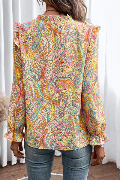 Printed Frill Flounce Sleeve Shirt Trendsi