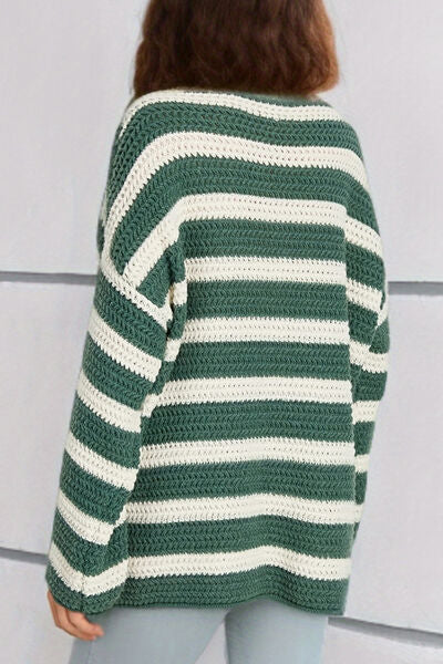 Striped Round Neck Dropped Shoulder Sweater-TOPS / DRESSES-[Adult]-[Female]-2022 Online Blue Zone Planet