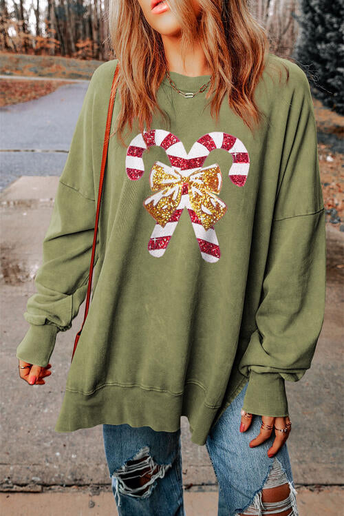 Sequin Candy Cane Round Neck Slit Sweatshirt BLUE ZONE PLANET