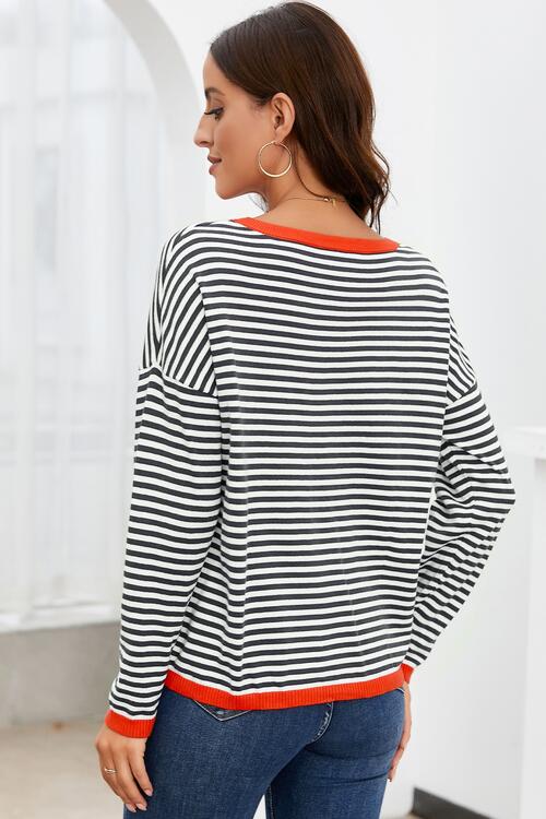 Striped Round Neck Drop Shoulder T-Shirt BLUE ZONE PLANET