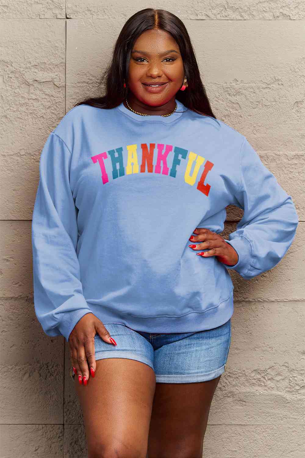 Simply Love Full Size THANKFUL Graphic Sweatshirt BLUE ZONE PLANET