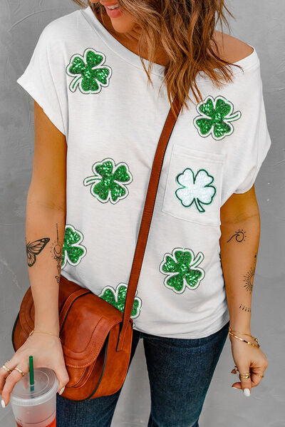 Sequin Lucky Clover Boat Neck T-Shirt BLUE ZONE PLANET