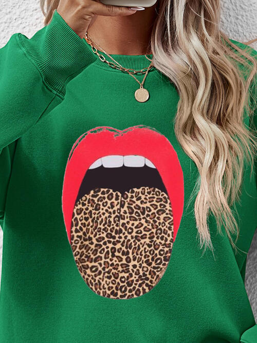 Leopard Lip Graphic Round Neck Sweatshirt BLUE ZONE PLANET