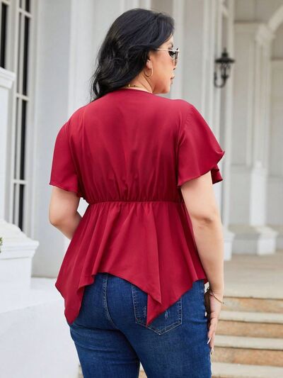 Plus Size Frill Surplice Flutter Sleeve Blouse BLUE ZONE PLANET