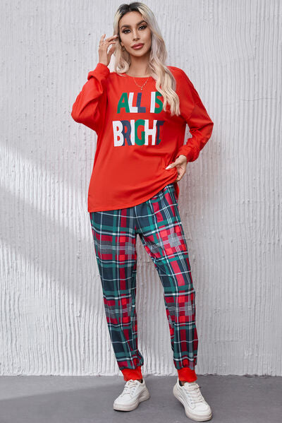 Christmas ALL IS BRIGHT Round Neck Top and Plaid Pants Lounge Set Trendsi