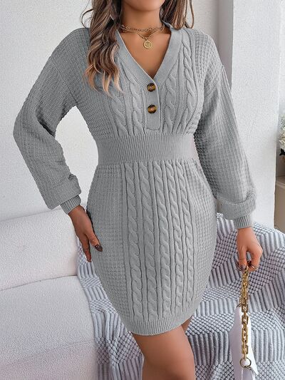 Buttoned Cable-Knit V-Neck Sweater Dress BLUE ZONE PLANET