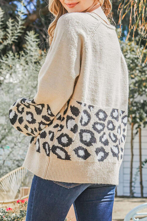 Round Neck Leopard Print Stitched Long-Sleeved Sweater BLUE ZONE PLANET